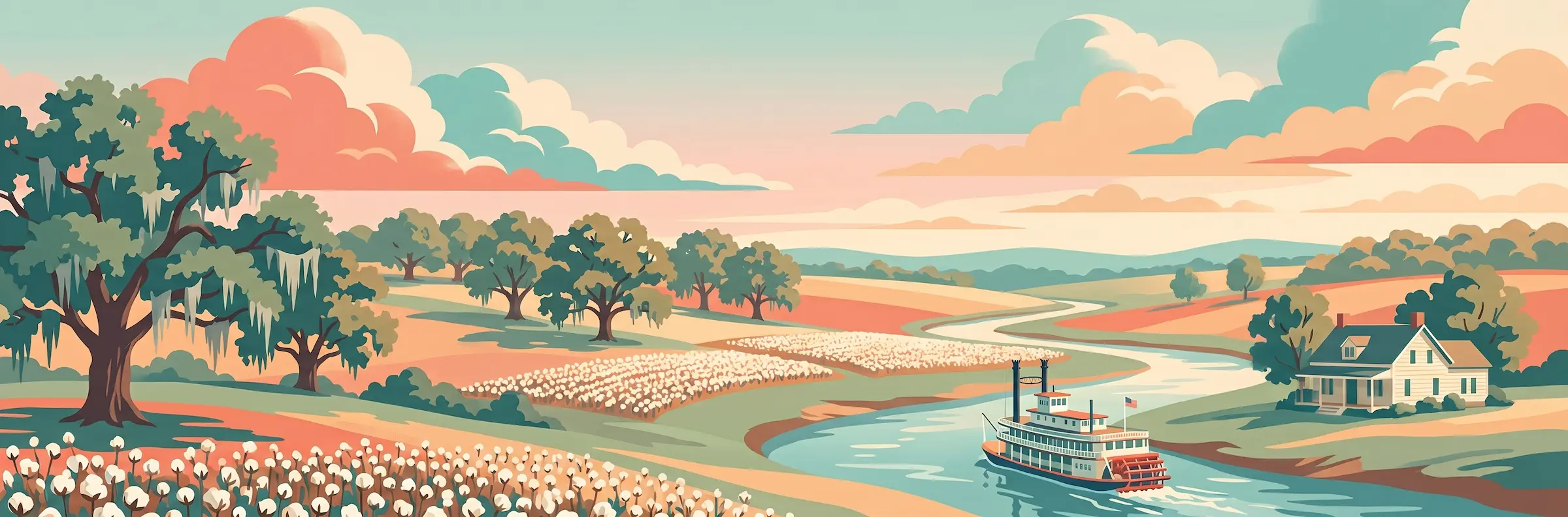 Illustrated travel poster of Alabama showing Gulf Coast beaches and pine forests