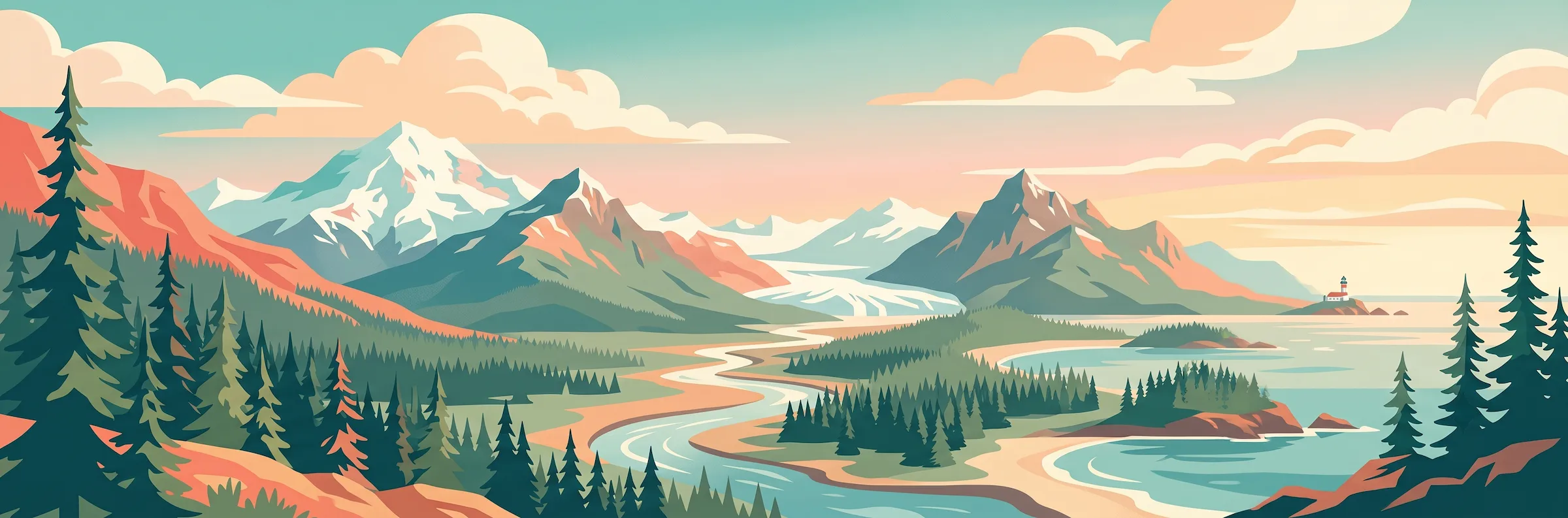 Illustrated travel poster of Alaska showing snow-capped mountains and glacial fjords