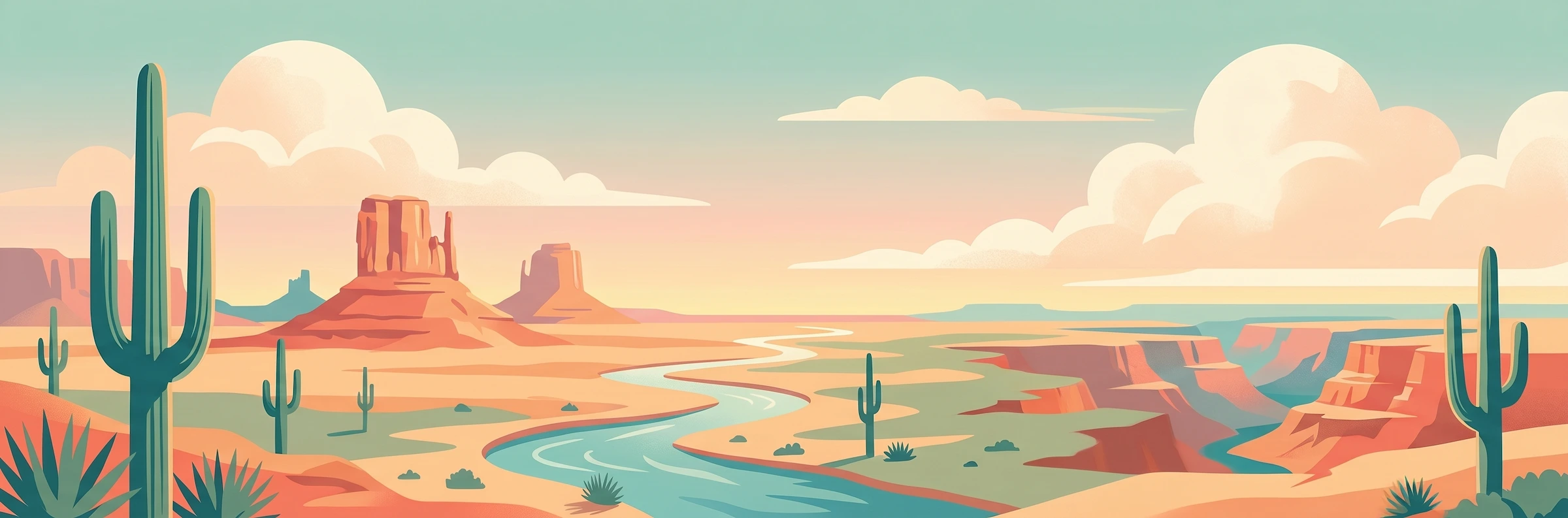Illustrated travel poster of Arizona showing desert with saguaro cactus and red rock mesas