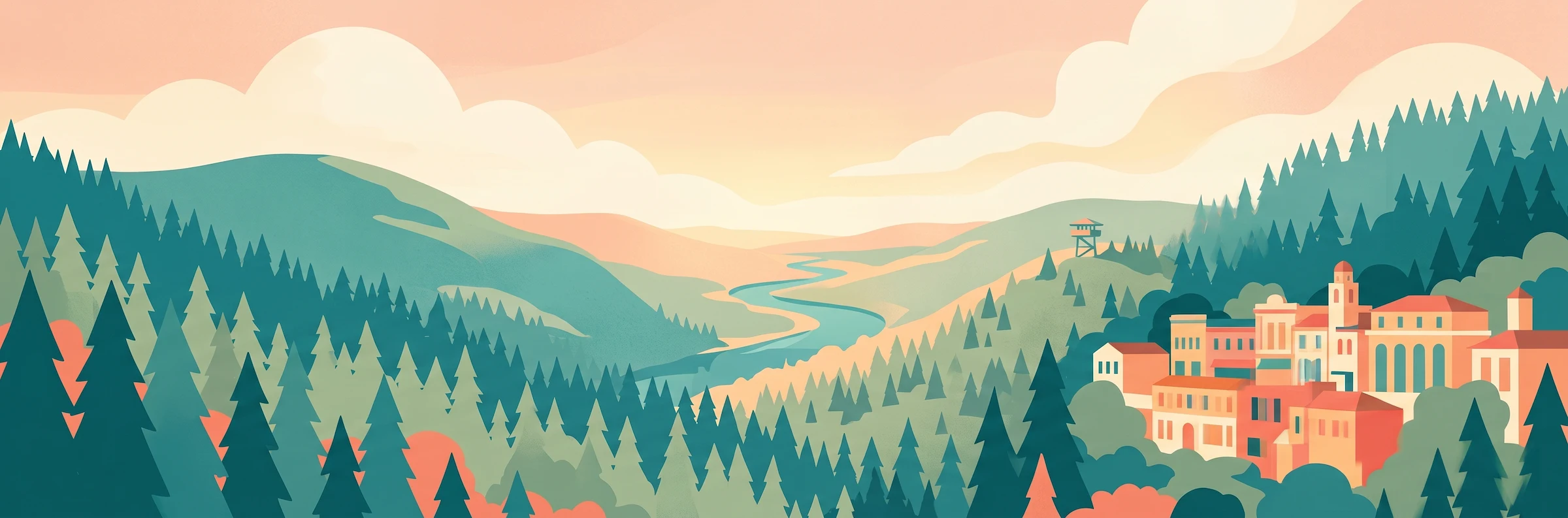 Illustrated travel poster of Arkansas showing forested Ozark mountains and rivers