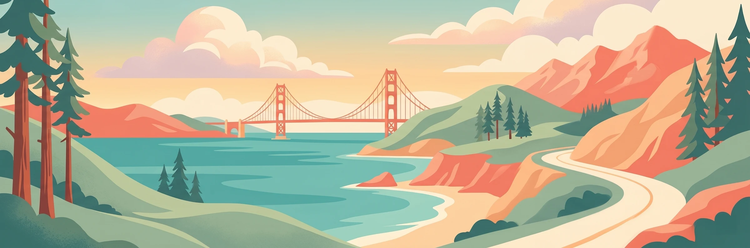 Illustrated travel poster of California showing Golden Gate Bridge and the Pacific coast