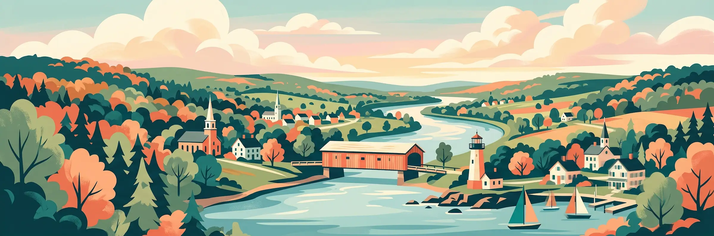 Illustrated travel poster of Connecticut showing New England coastline and autumn foliage