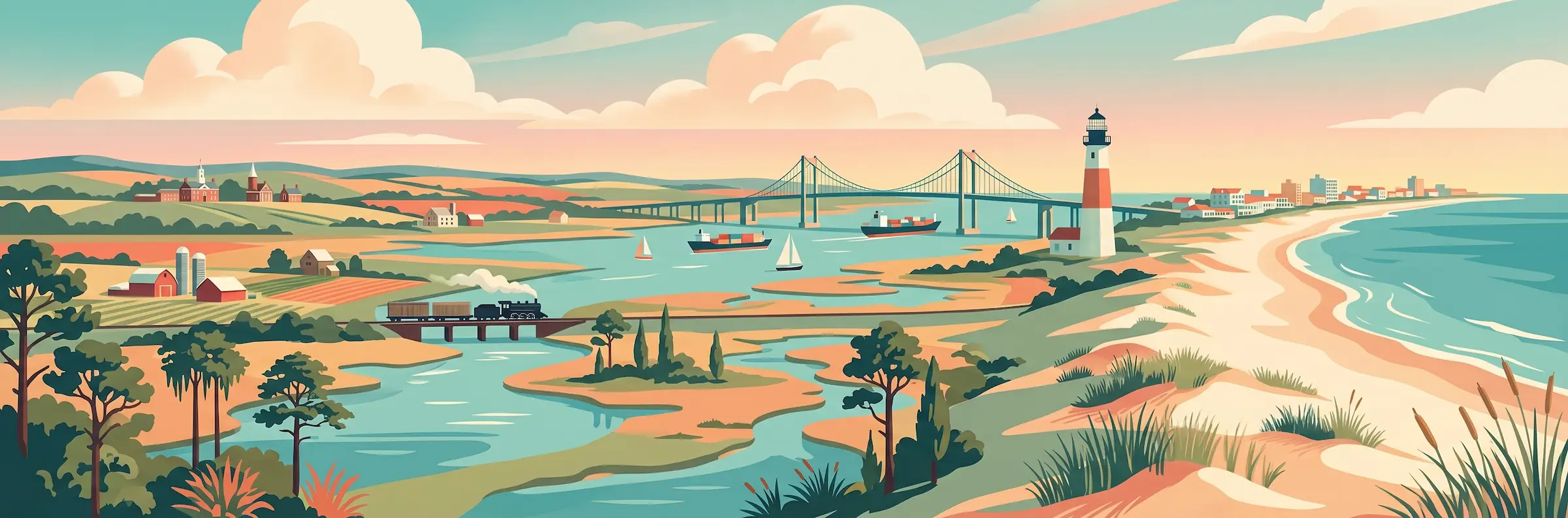 Illustrated travel poster of Delaware showing Atlantic beaches and coastal marshes
