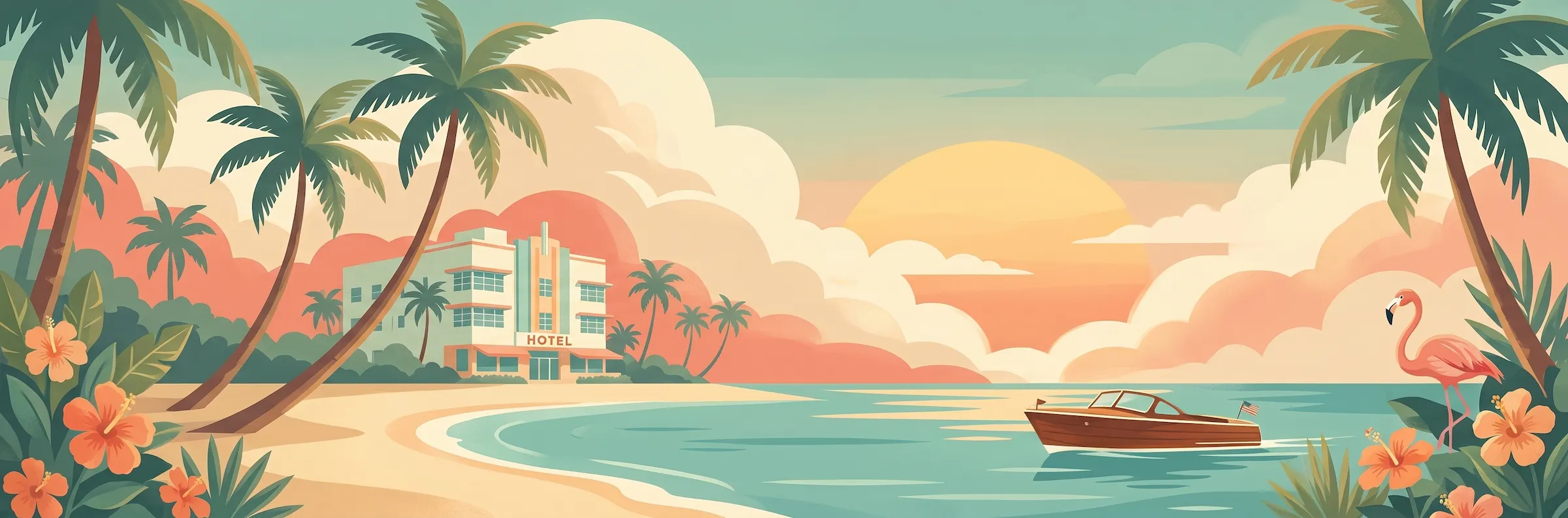 Illustrated travel poster of Florida showing palm-lined beaches and turquoise coastline
