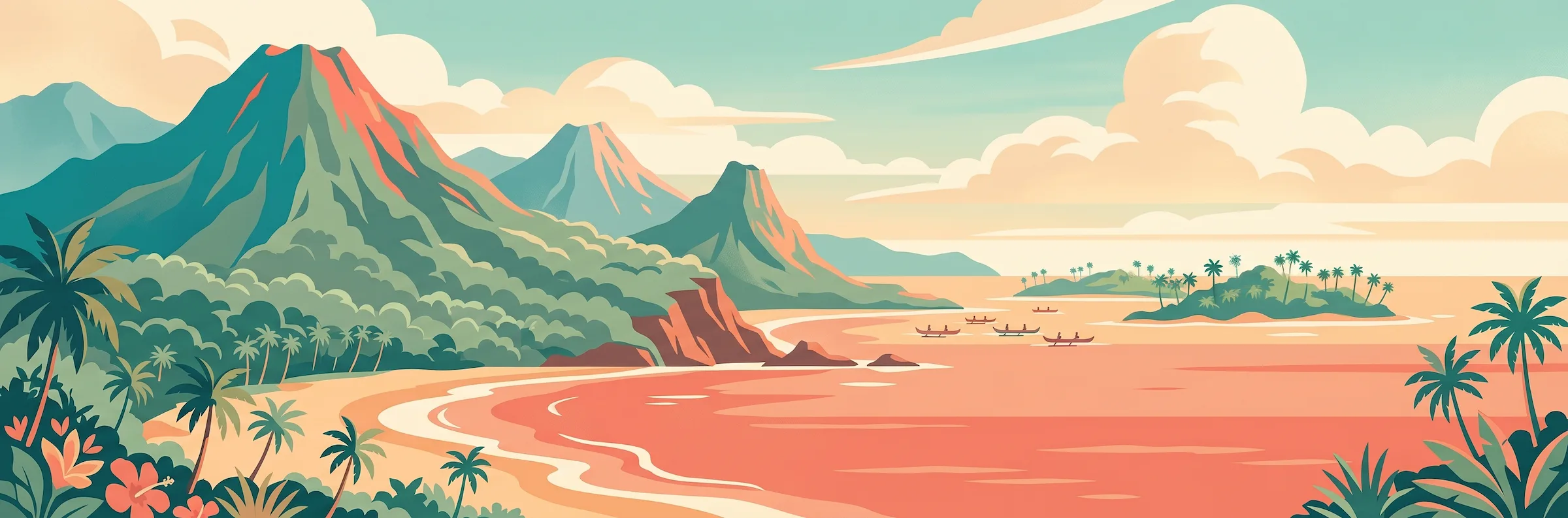 Illustrated travel poster of Hawaii showing Diamond Head crater and a turquoise bay