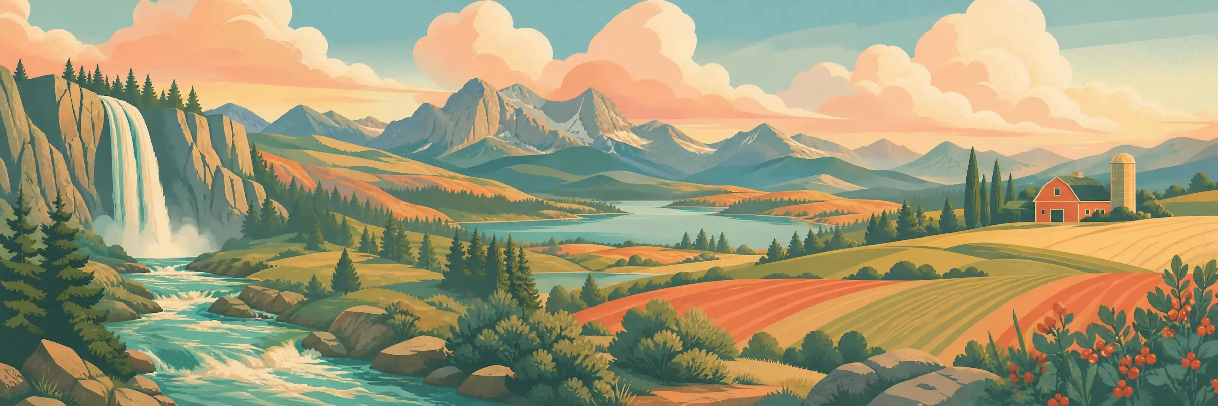Illustrated travel poster of Idaho showing mountain rivers and evergreen forests