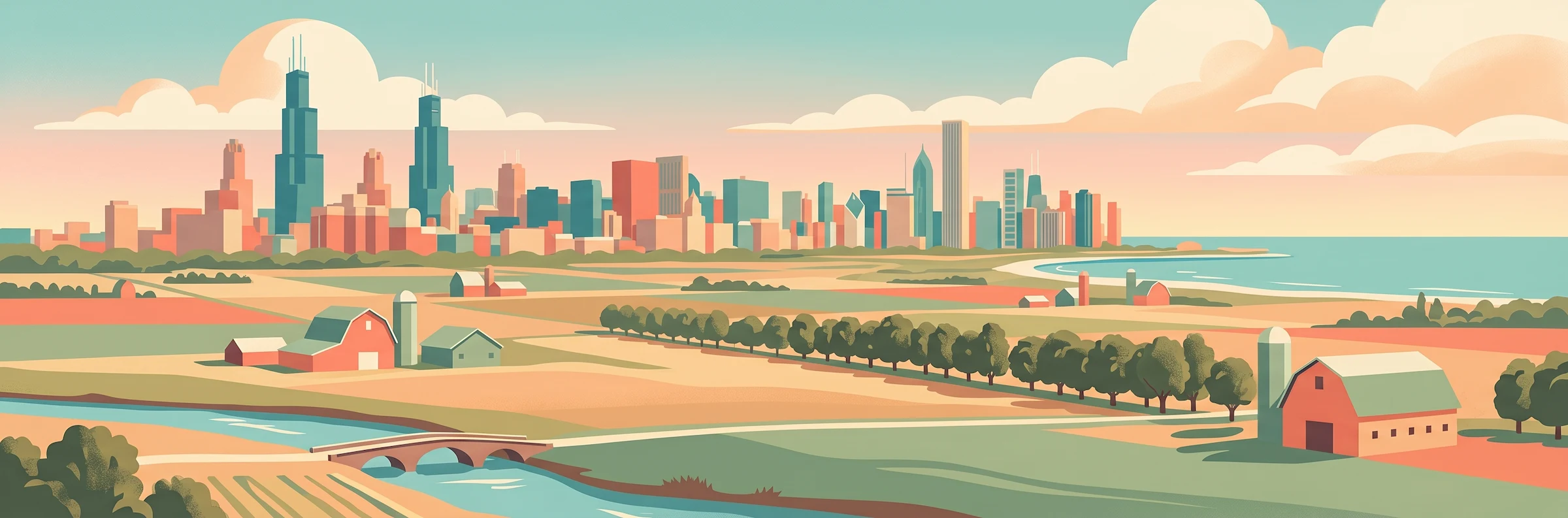 Illustrated travel poster of Illinois showing Chicago skyline and Lake Michigan