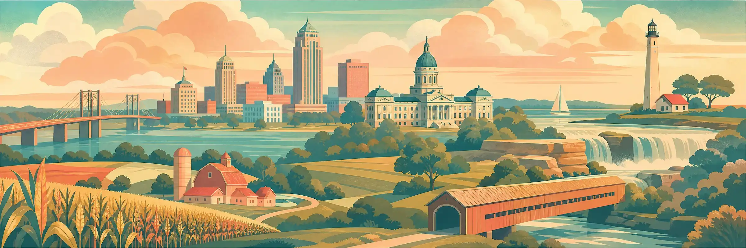 Illustrated travel poster of Indiana showing farmland and rolling countryside
