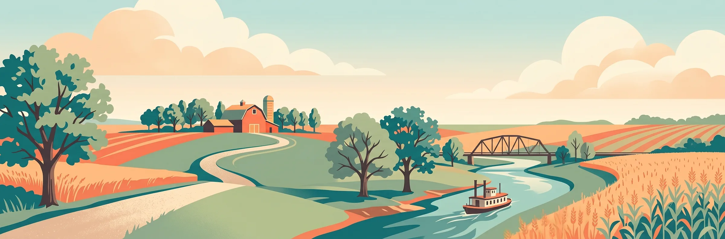Illustrated travel poster of Iowa showing rolling farmland and grain fields