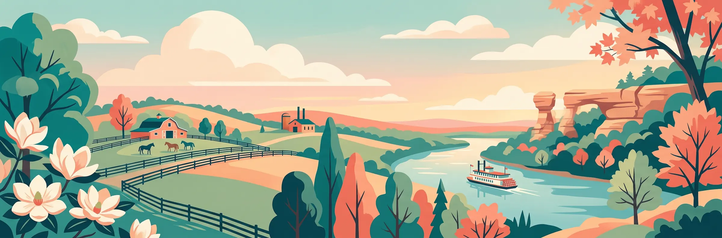 Illustrated travel poster of Kentucky showing bluegrass horse country and rolling hills