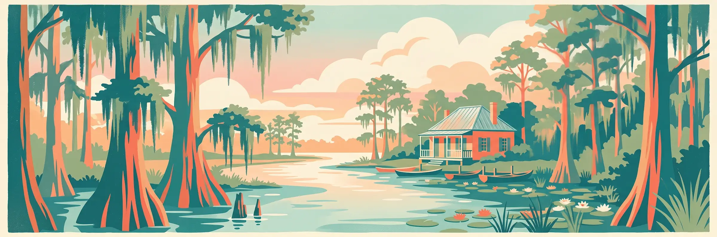 Illustrated travel poster of Louisiana showing bayou wetlands and cypress trees
