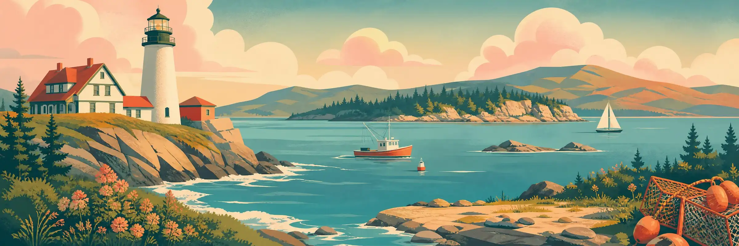 Illustrated travel poster of Maine showing rocky Atlantic coastline and lighthouses