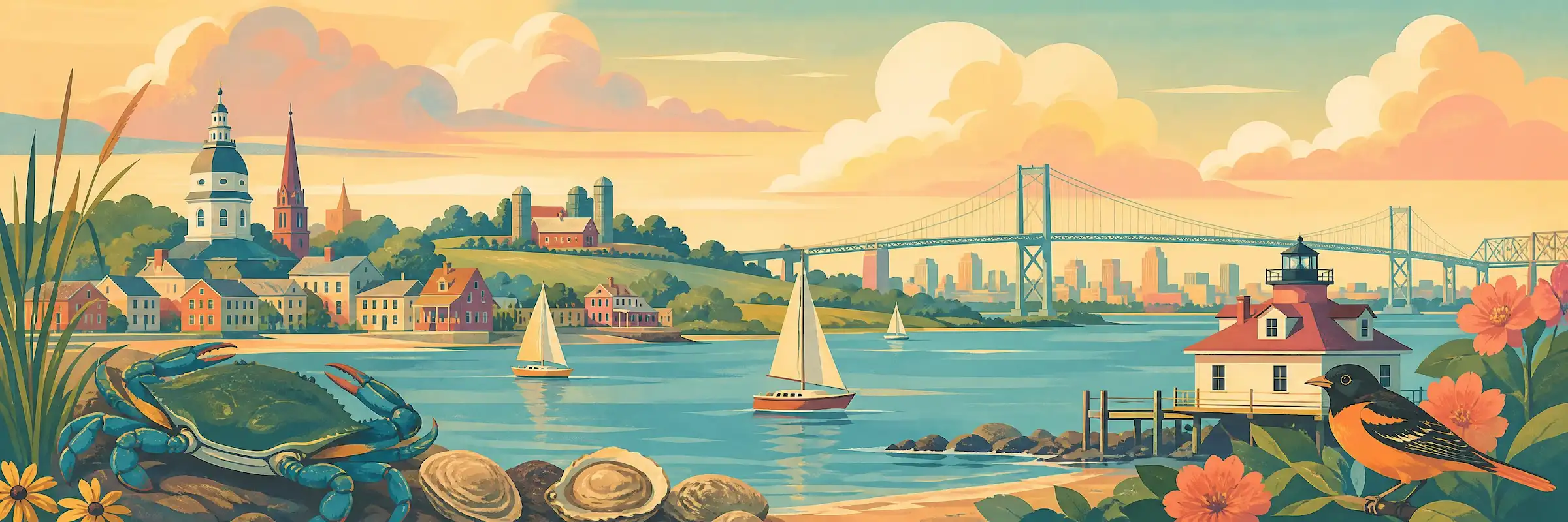 Illustrated travel poster of Maryland showing Chesapeake Bay and sailboats