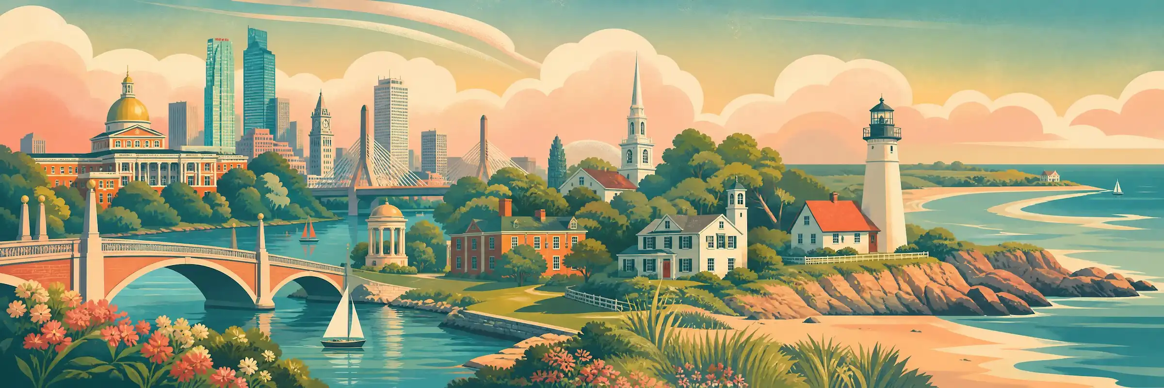 Illustrated travel poster of Massachusetts showing Boston harbor and New England coast