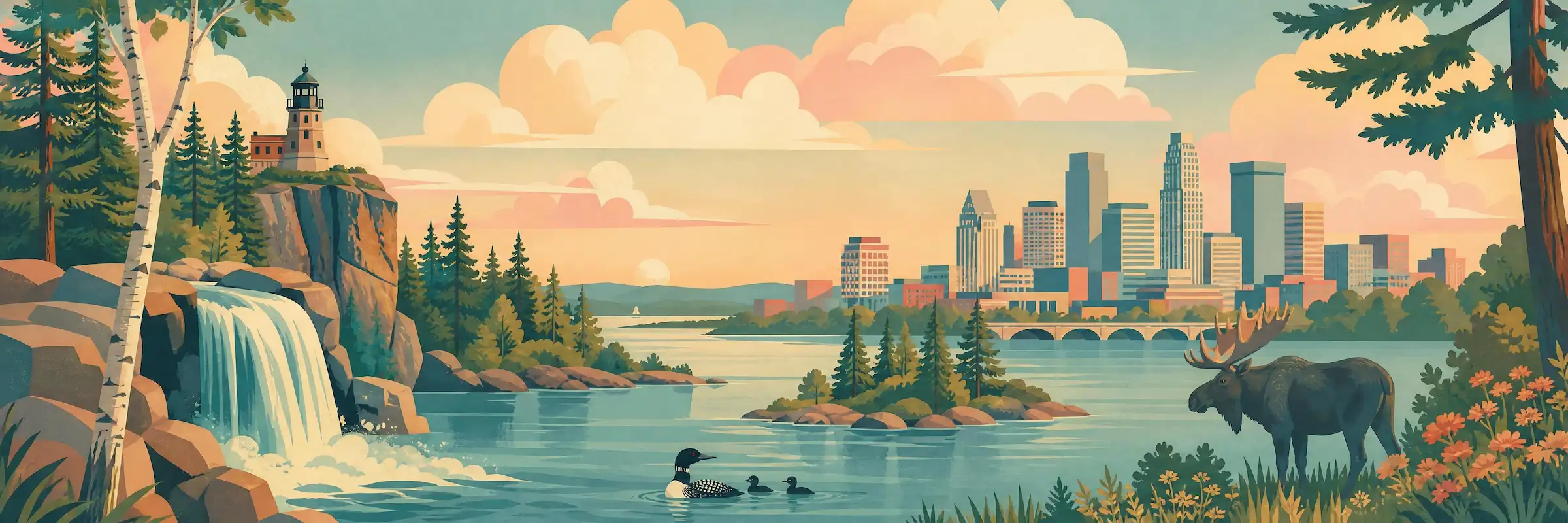 Illustrated travel poster of Minnesota showing northern lakes and pine forests