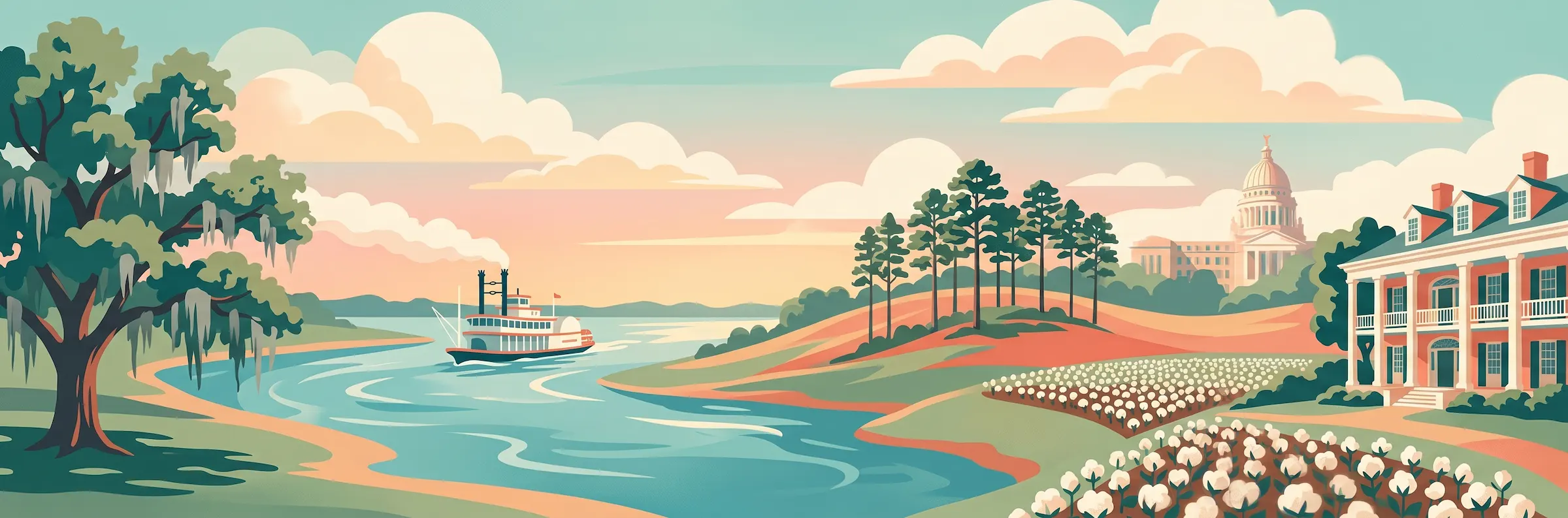 Illustrated travel poster of Mississippi showing magnolia trees and the Mississippi River
