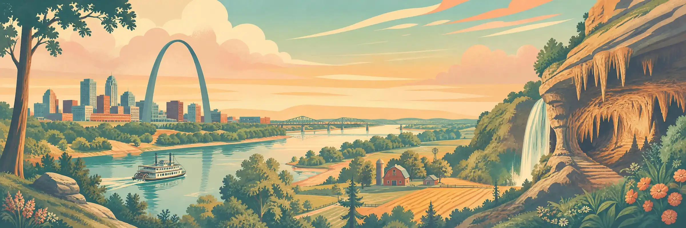 Illustrated travel poster of Missouri showing the Gateway Arch and river bluffs