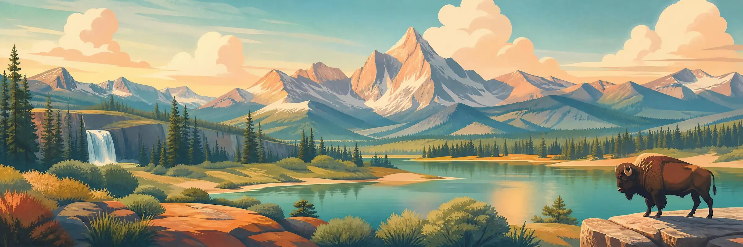 Illustrated travel poster of Montana showing wide mountain valleys and rivers