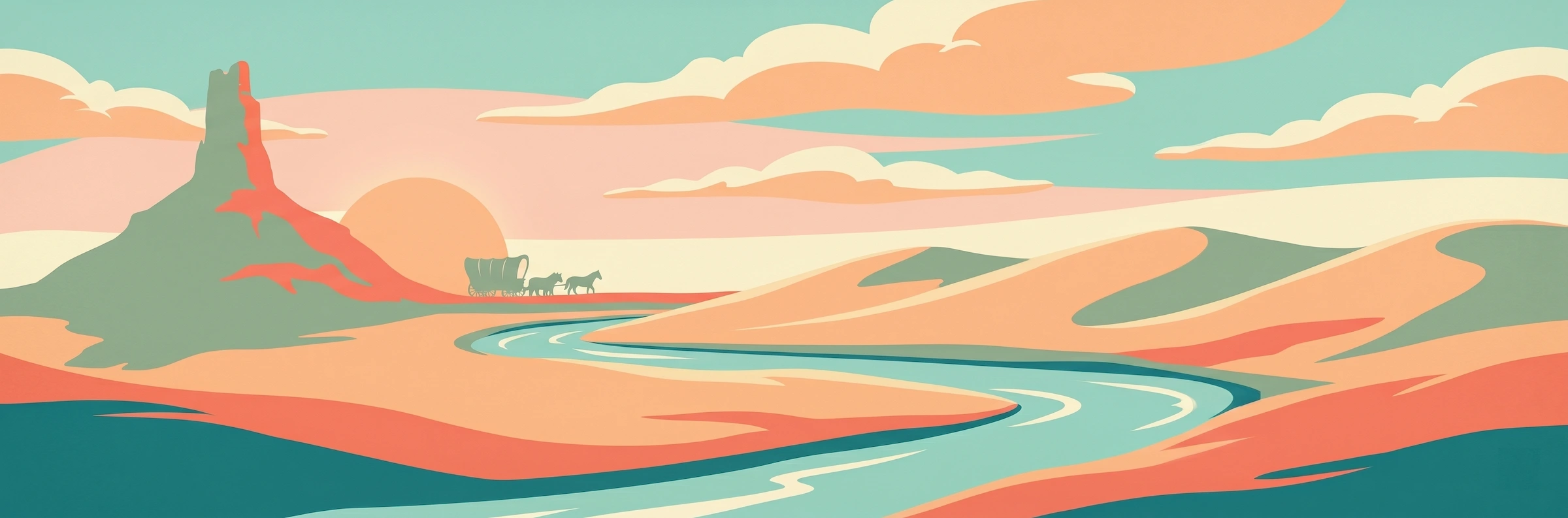 Illustrated travel poster of Nebraska showing Chimney Rock and prairie plains