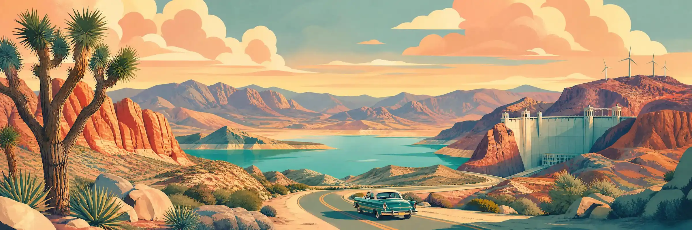 Illustrated travel poster of Nevada showing desert mountains and open basin