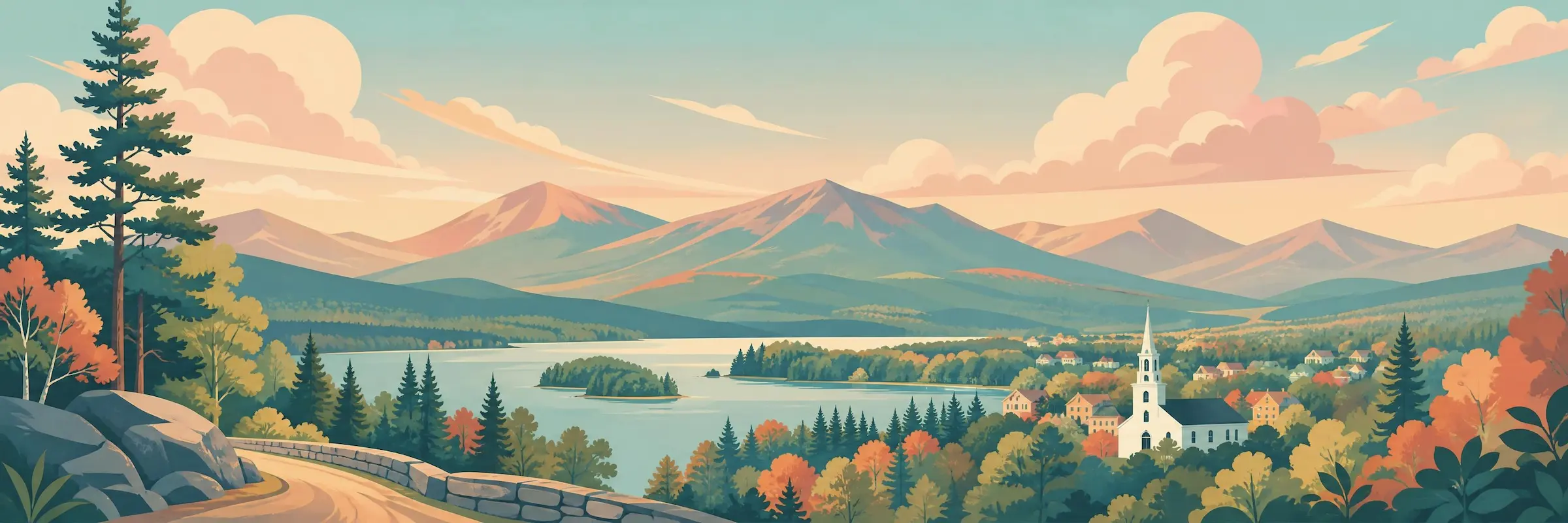Illustrated travel poster of New Hampshire showing White Mountains and autumn foliage