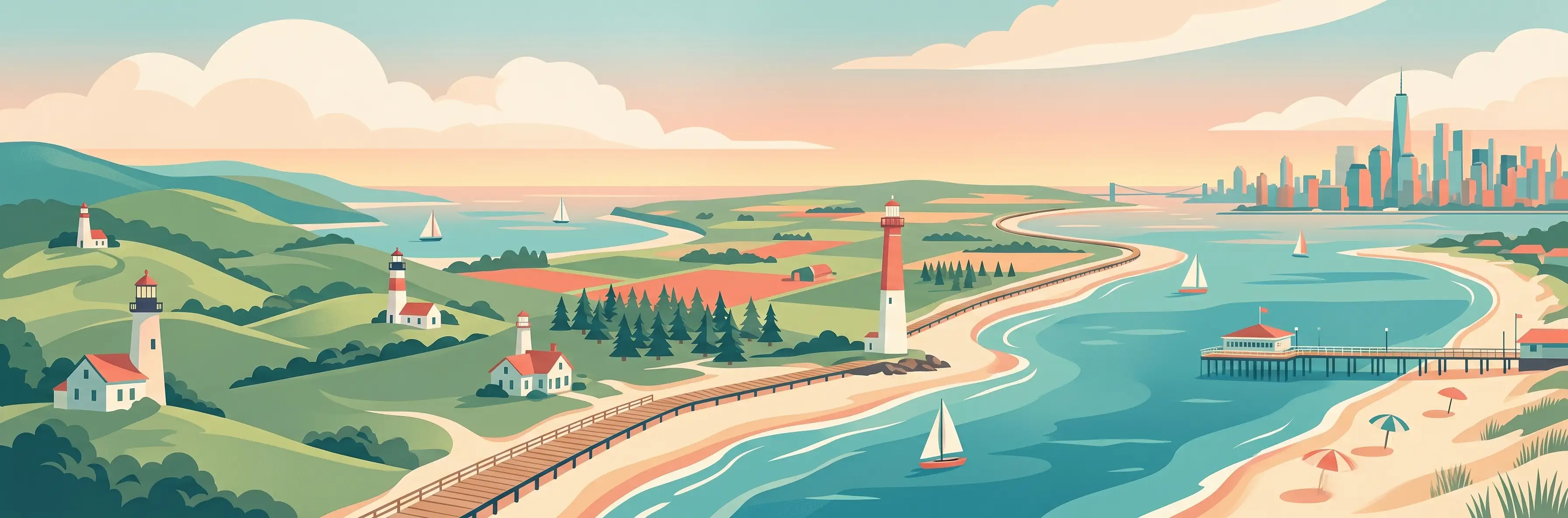 Illustrated travel poster of New Jersey showing Atlantic shore boardwalks and beaches