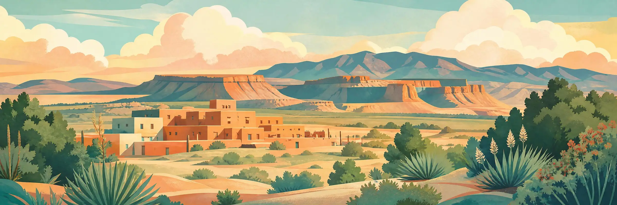 Illustrated travel poster of New Mexico showing high desert mesas and adobe landscape