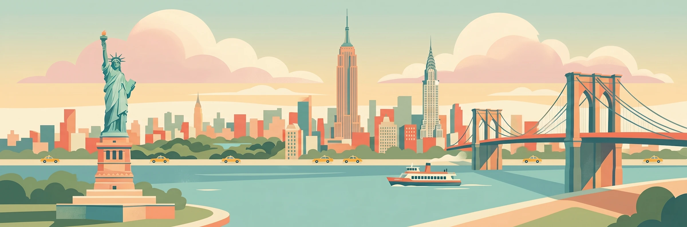 Illustrated travel poster of New York showing Manhattan skyline and the Hudson Valley