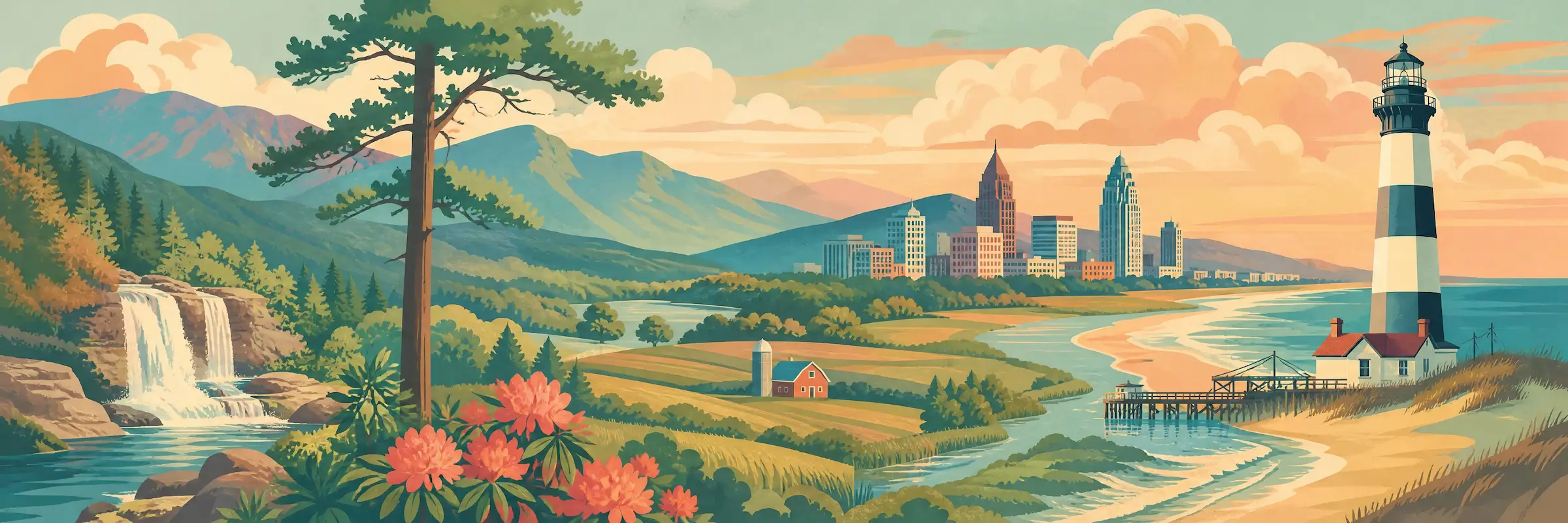 Illustrated travel poster of North Carolina showing Blue Ridge Mountains and coastline