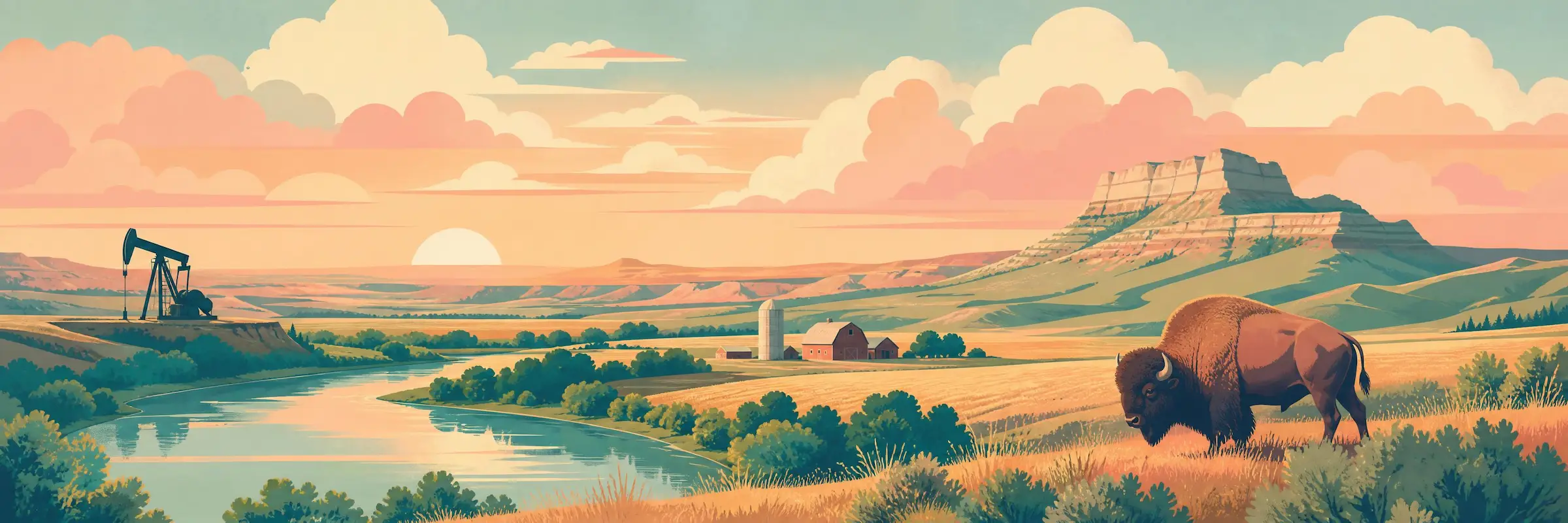 Illustrated travel poster of North Dakota showing prairie badlands and open plains