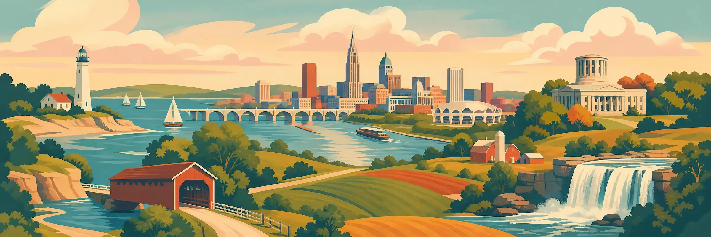 Illustrated travel poster of Ohio showing rolling farmland and Lake Erie shore