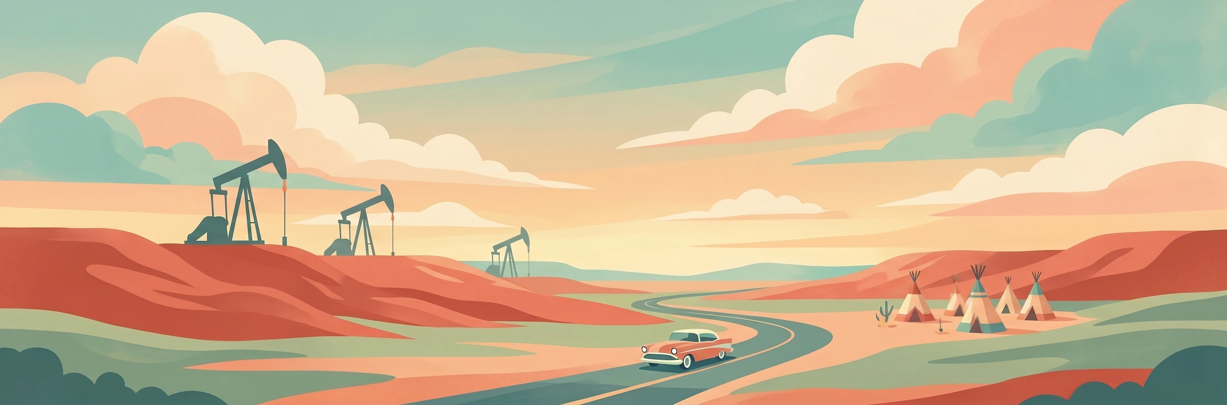 Illustrated travel poster of Oklahoma showing red earth plains and open prairie