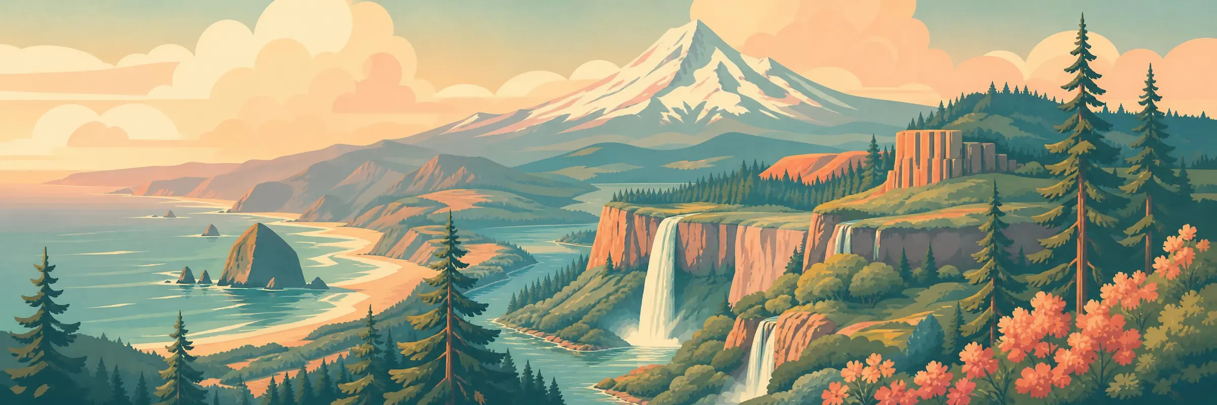 Illustrated travel poster of Oregon showing Pacific coastline and evergreen forests