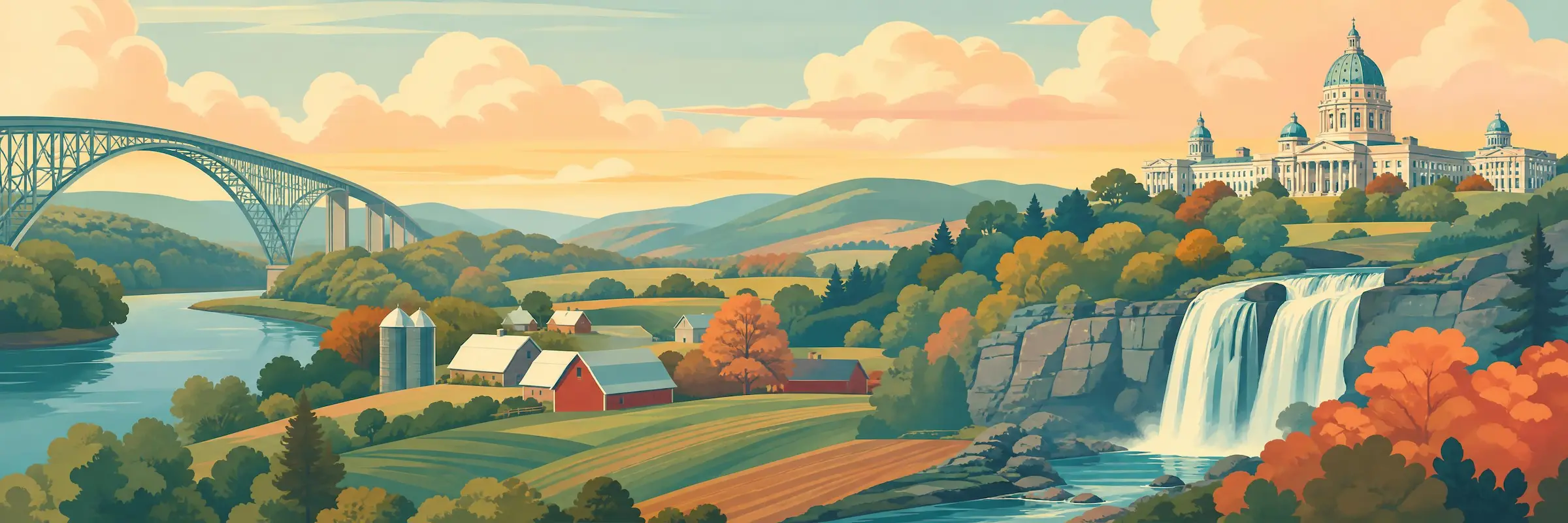Illustrated travel poster of Pennsylvania showing Appalachian mountains and countryside