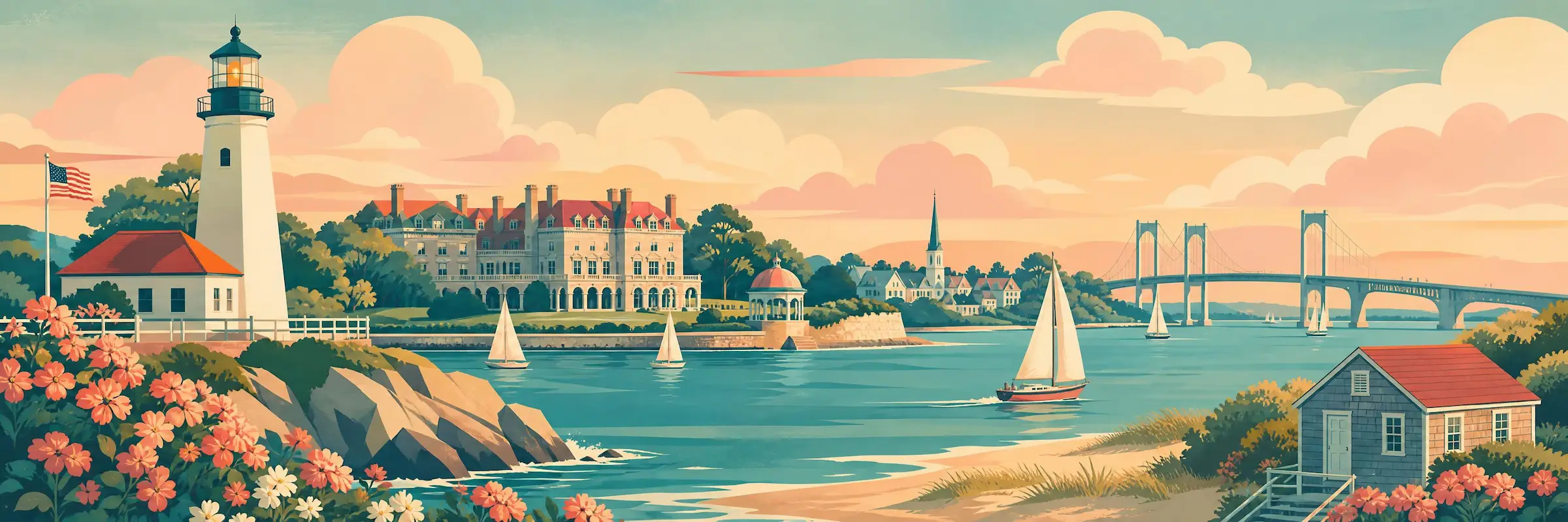 Illustrated travel poster of Rhode Island showing Newport coastline and sailing harbors