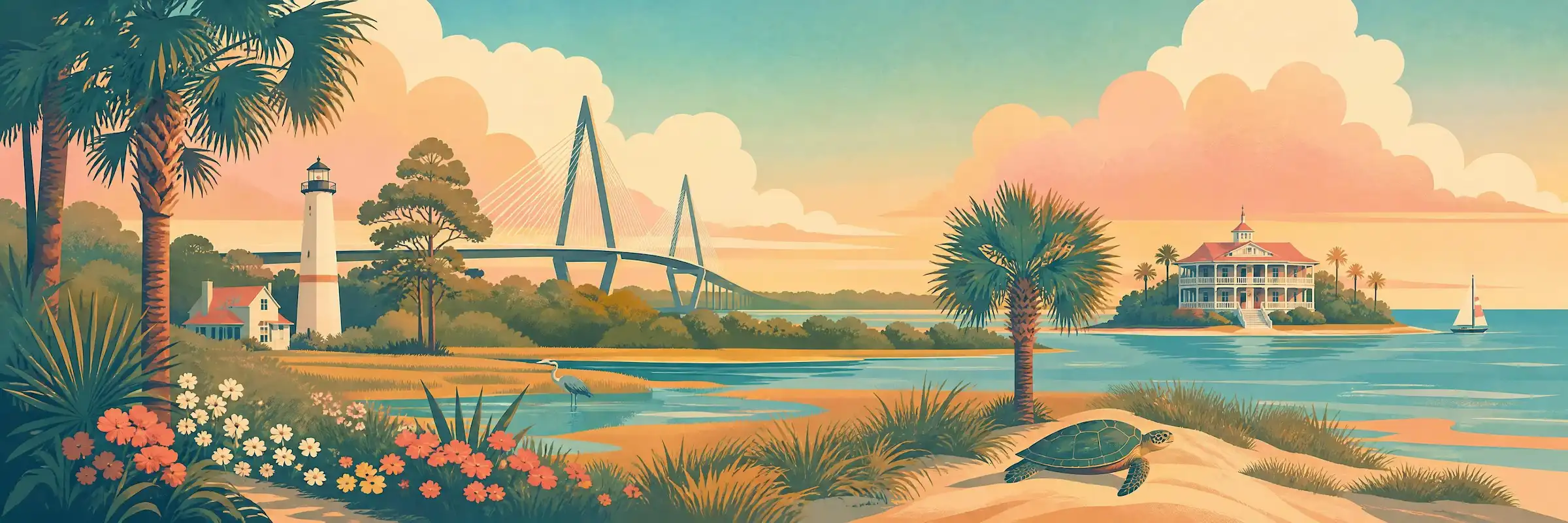 Illustrated travel poster of South Carolina showing lowcountry marshes and palmetto coast