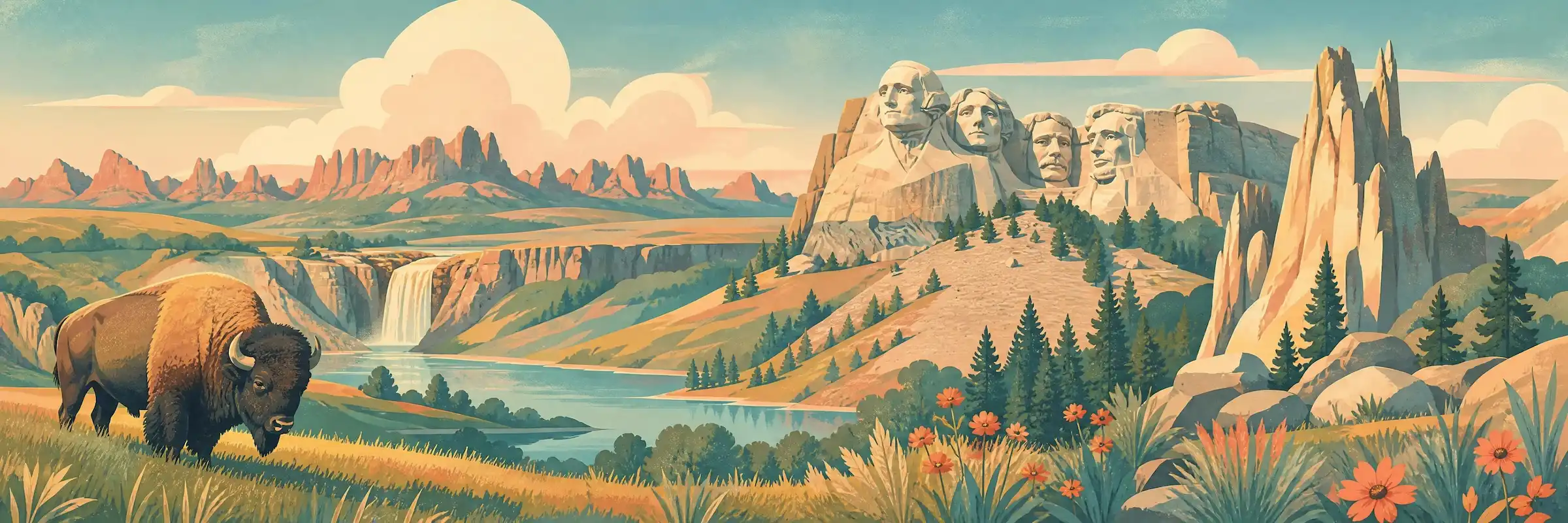 Illustrated travel poster of South Dakota showing the Black Hills and Mount Rushmore