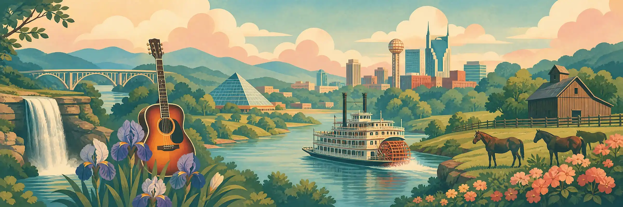 Illustrated travel poster of Tennessee showing Great Smoky Mountains and misty ridges