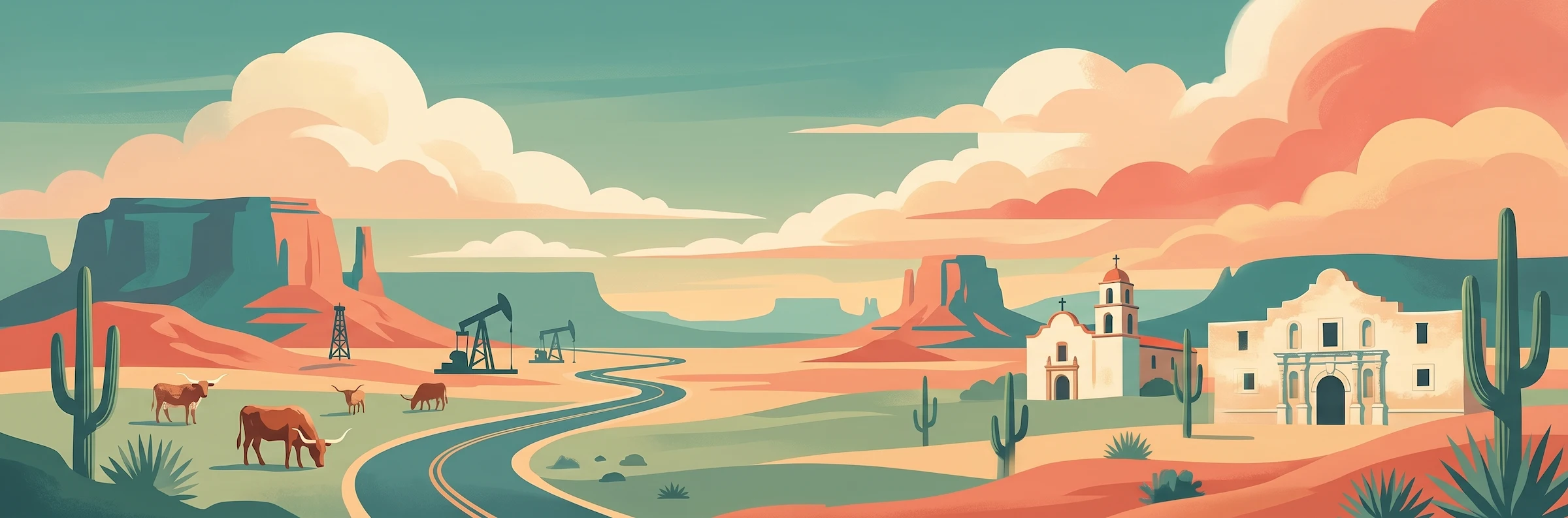 Illustrated travel poster of Texas showing hill country and wide open ranchland