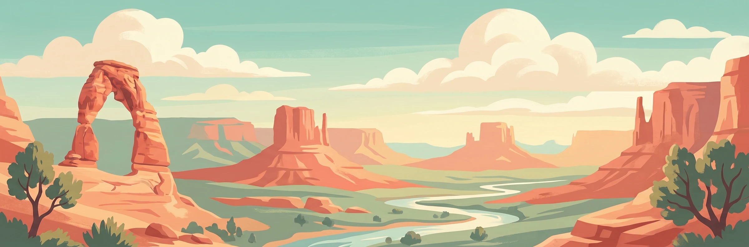 Illustrated travel poster of Utah showing red rock arches and desert canyons