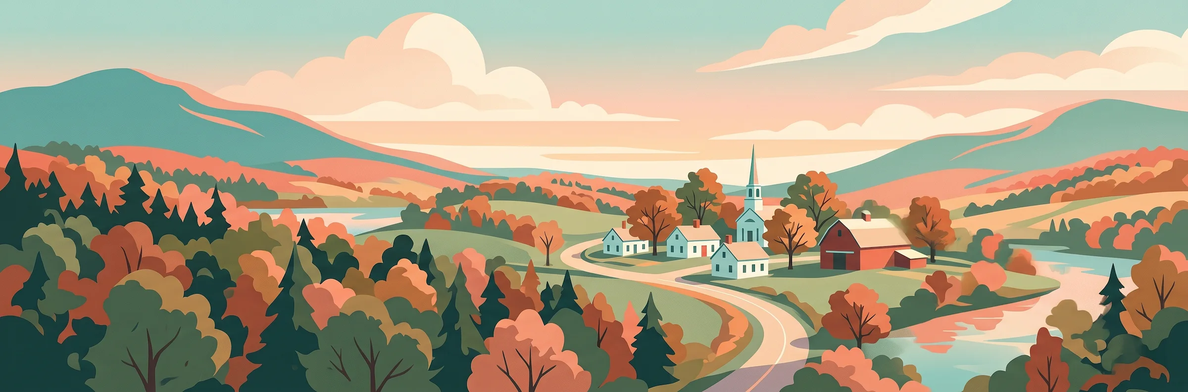 Illustrated travel poster of Vermont showing Green Mountains and autumn foliage
