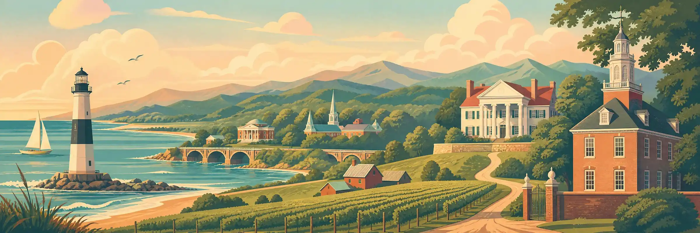 Illustrated travel poster of Virginia showing Blue Ridge Mountains and Shenandoah Valley