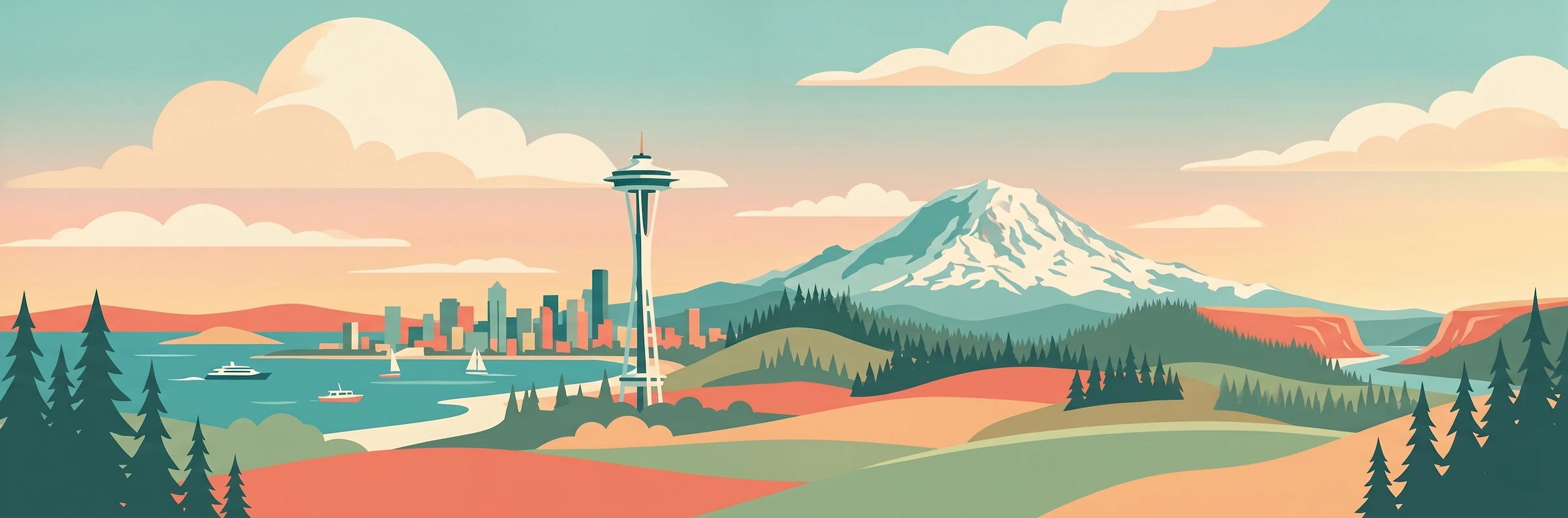 Illustrated travel poster of Washington showing Mount Rainier and evergreen forests