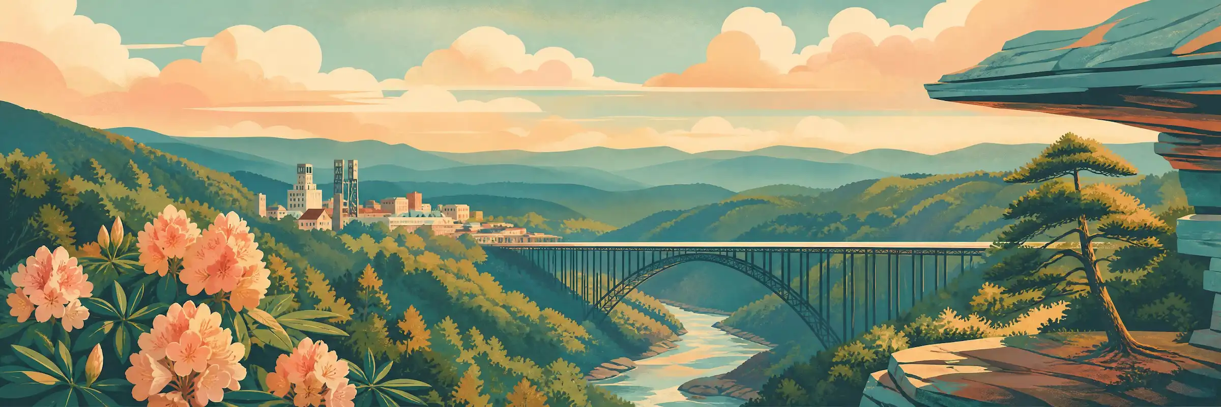 Illustrated travel poster of West Virginia showing Appalachian mountains and river gorges