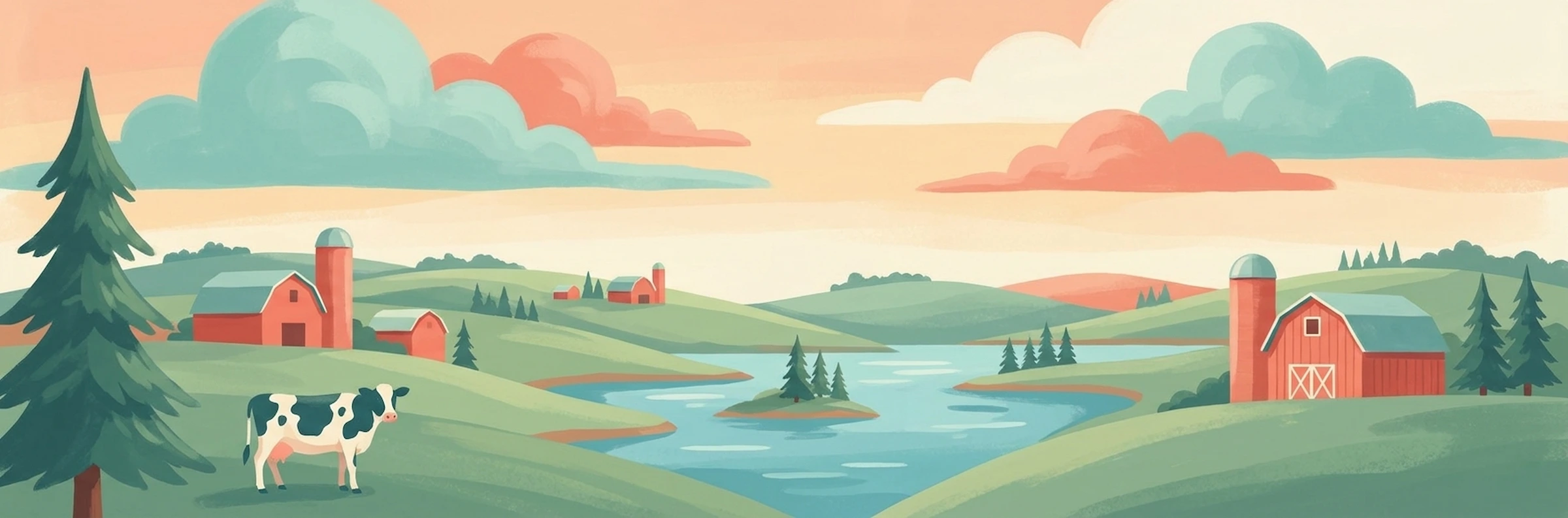 Illustrated travel poster of Wisconsin showing northern lakes and dairy farmland