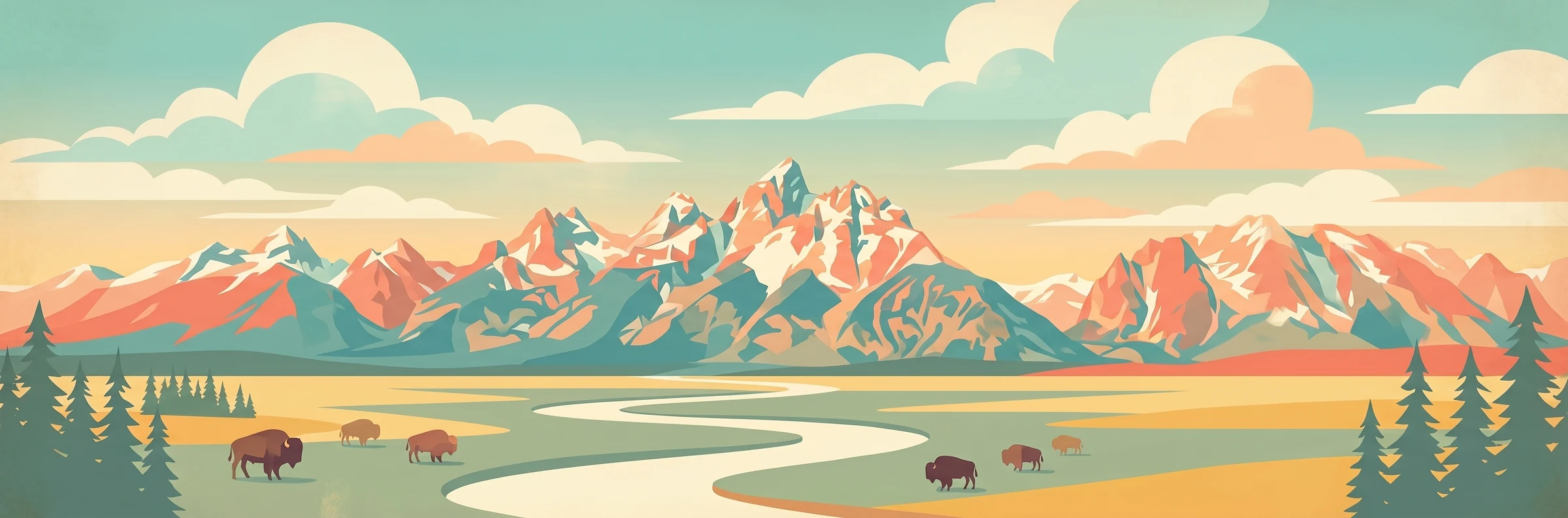 Illustrated travel poster of Wyoming showing the Grand Tetons and open range